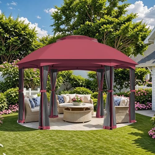 EROMMY Gazebos on Clearance 13 x 13 Ft 6 Sided, Outdoor Gazebo with Double Air Roofs and Netting Walls, Heavy Duty Steel Frame, Gazebo Tent for Backyard, Patio, Poolside and Garden,Claret