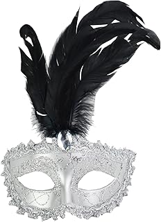 Carnival Mardis Gras Colorful Costume Mask with Jewel and Colorful Feathers, Black