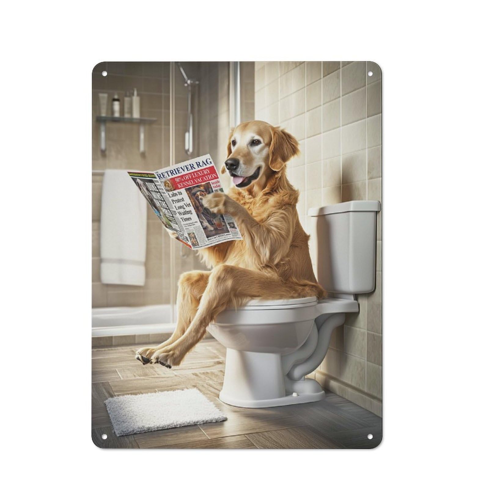 Junmoney Golden Retriever On Toilet Metal Sign 40X30cm With For Workshop Wall, Vintage Decor, A Decorative Christmas Gift For Metal Sign Collectors