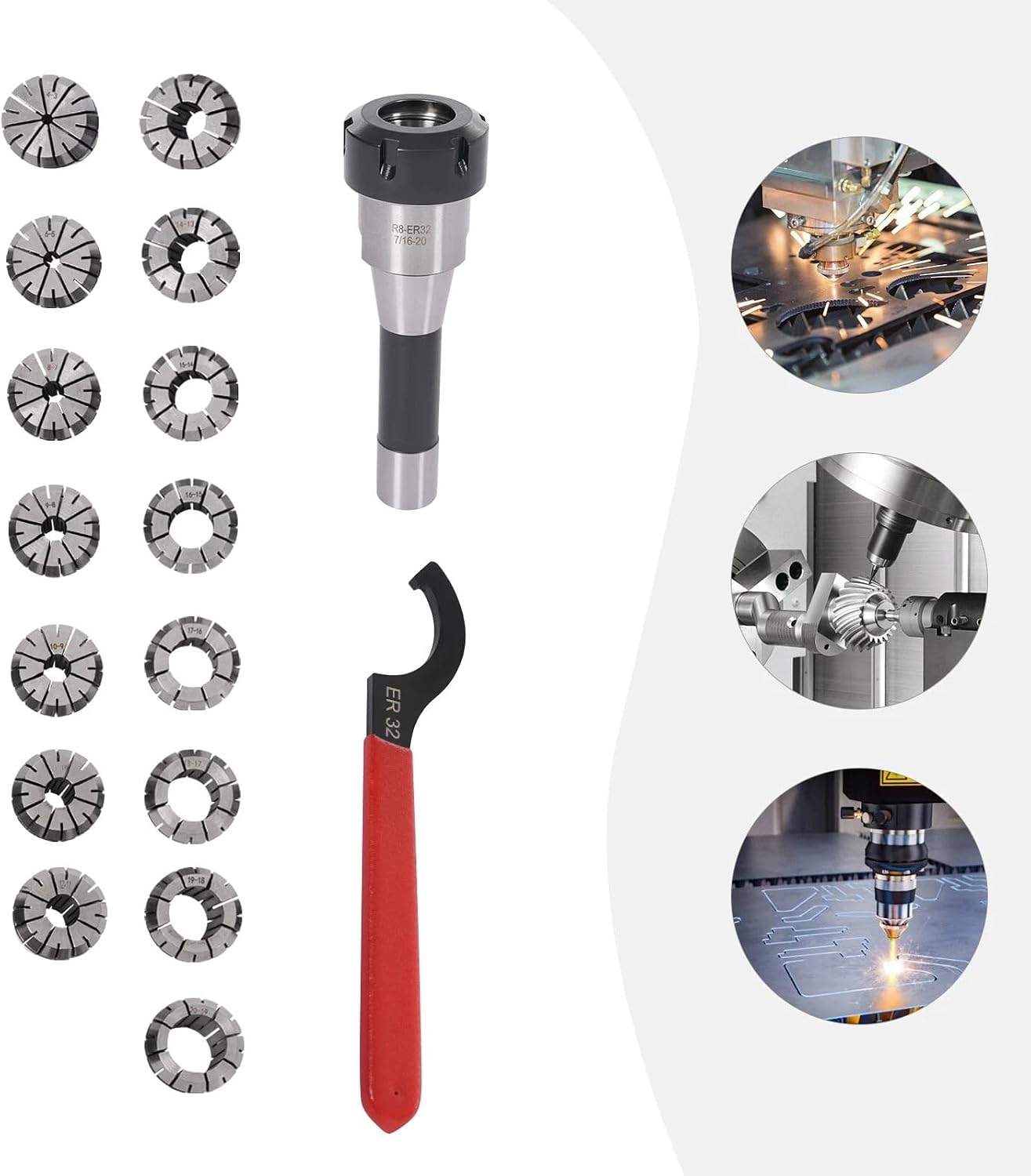 R8 Shank Er32 Collet Chuck Set, R8 ER32 Collet Holder Chuck Kit with 15 PCS Collets (0.0004'' Accuracy) with Toolbox,R8 Taper ER32 Collets Set for milling machines with an R8