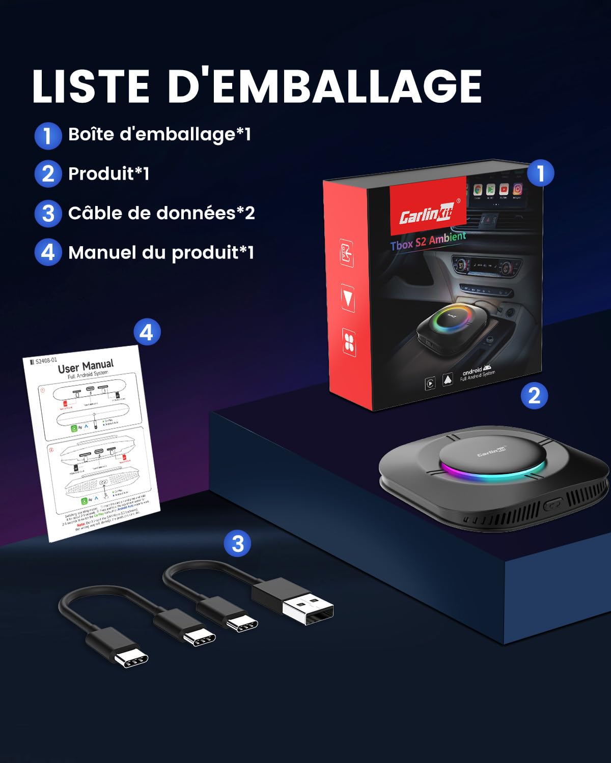 CarlinKit Aibox-Plus Android 13.0 Adaptateur 8 + 128 Go autonome sans fil CarPlay et Android Auto Boîte multimédia 3 en 1 pour voiture avec câble CarPlay