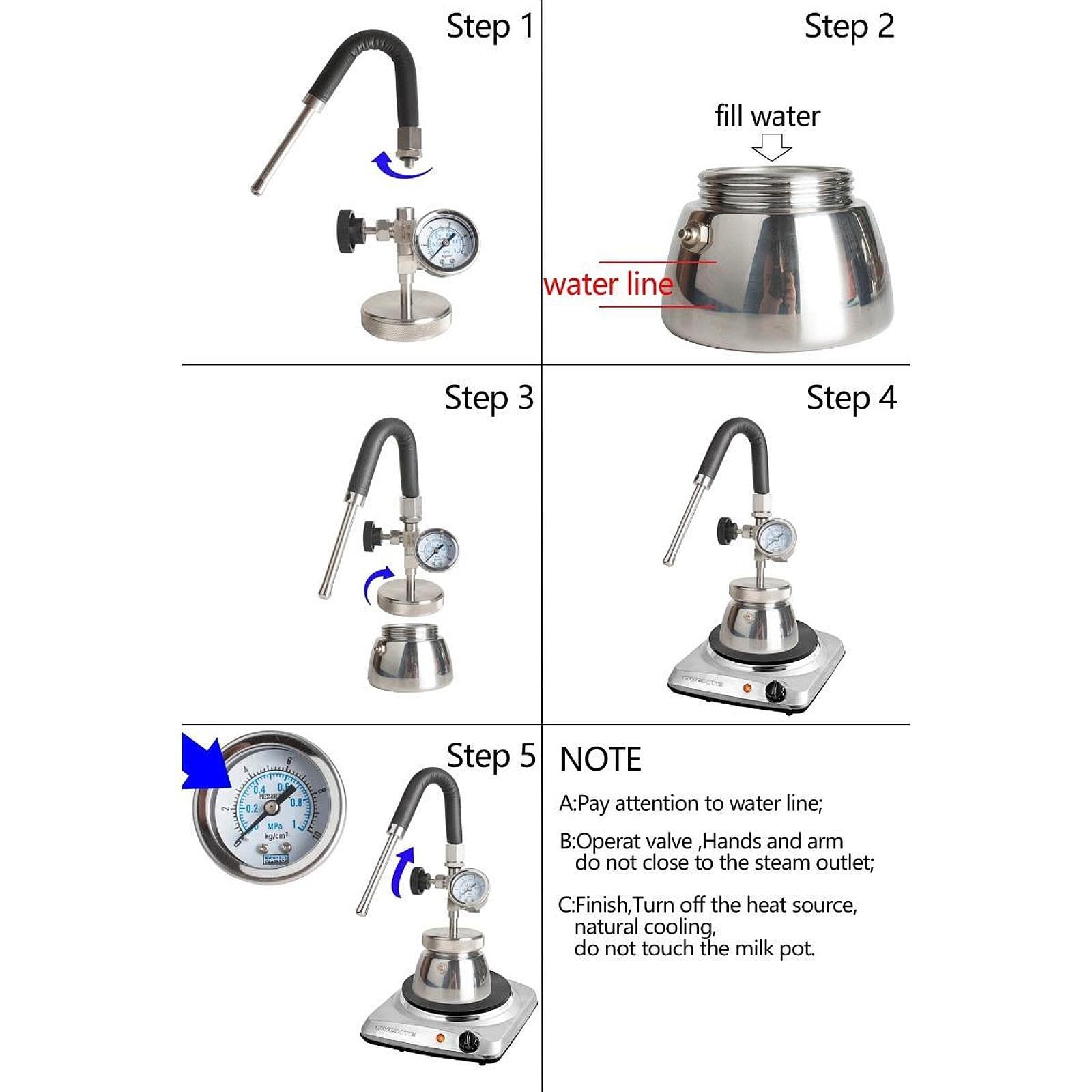 Pot Espresso Herdkanne Edelstahl Doppelventil Kaffeekocher Milchaufschäumer mit Robustem Griff für Gasherd Outdoor-Kochen, Schwarz