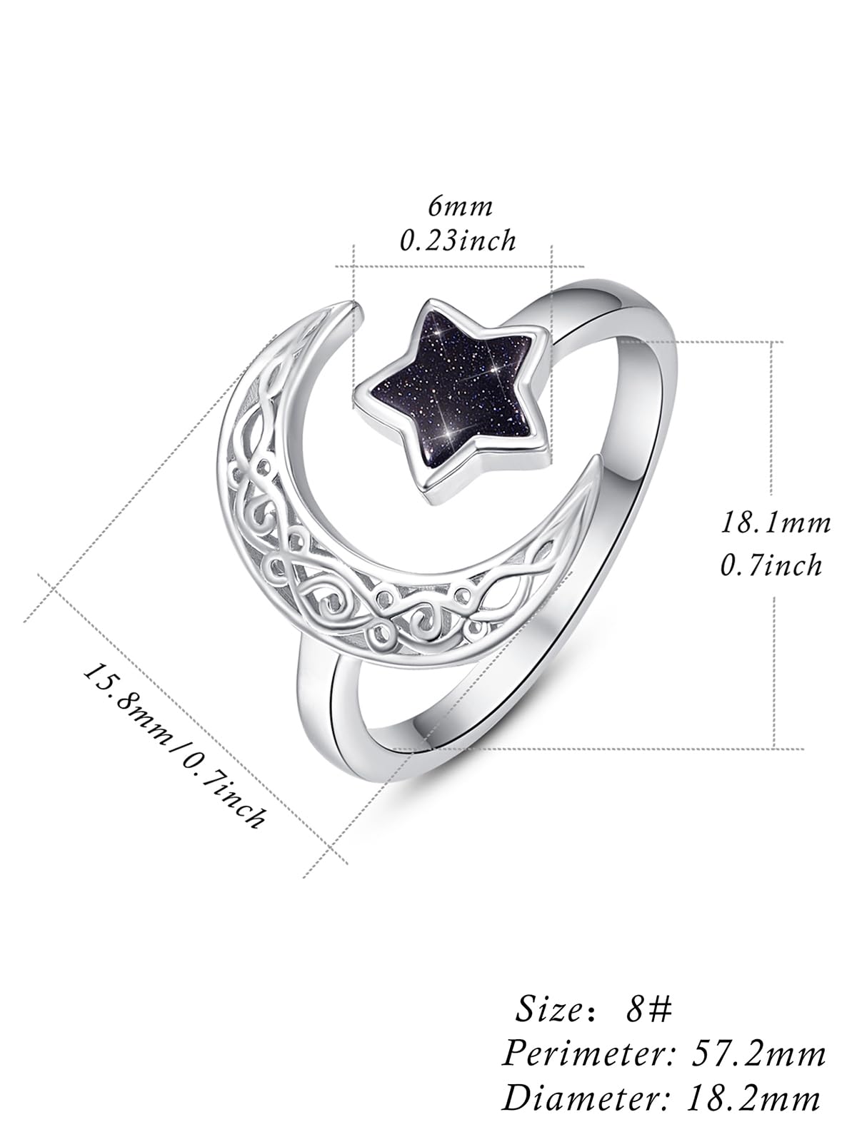 KINGWHYTE Keltischer Knoten Ring 925 Sterling Silber Mond und Stern Ring für Damen Keltische Einstellbar Ringe Schmuck Geschenk für Mädchen Mama Großmutter Freundin