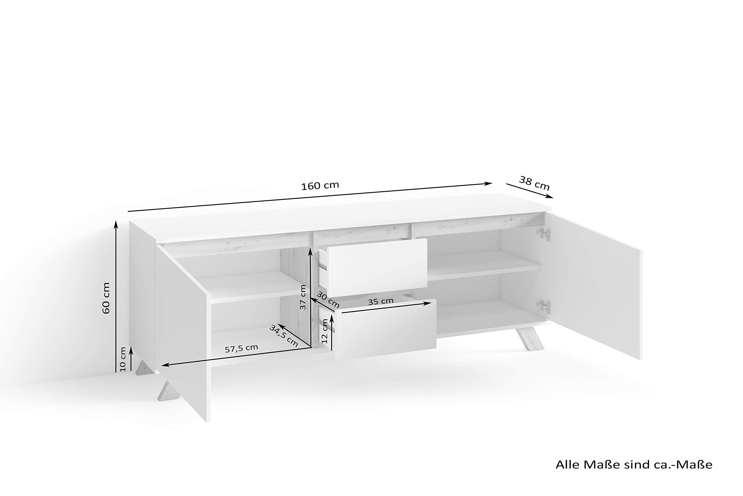 byLIVING TV-Board Valentin, Fernsehtisch mit 2 Türen und 2 Schubkästen | Lowboard matt weiß mit Absetzung in Eiche-Optik, Fernsehschrank im Scandi-Style, Grifflos, B 160, H 60, T 38 cm