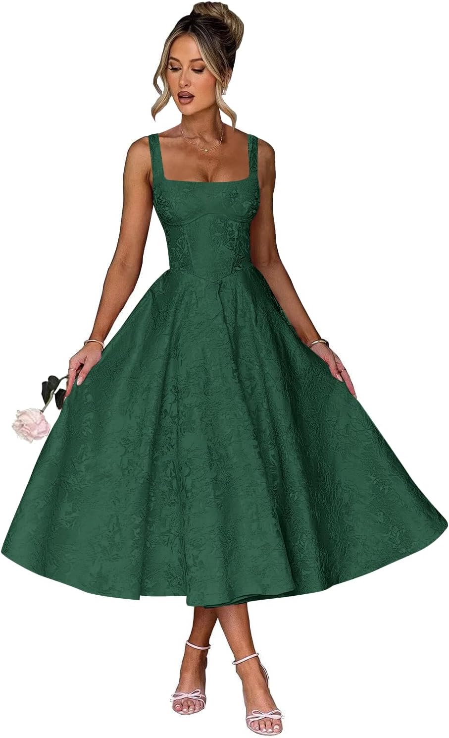 Floral Satin Jacquard Prom Dresses 2026 A-Line Tea Length Midi Square Neck Evening Party Gown with Pockets for Women