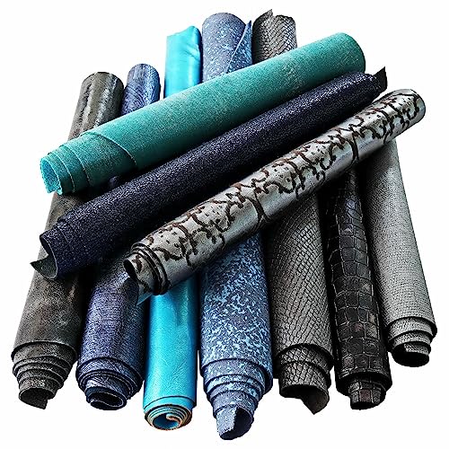 Cuir mixte bleu et gris pour loisirs créatifs et petite maroquinerie fait main