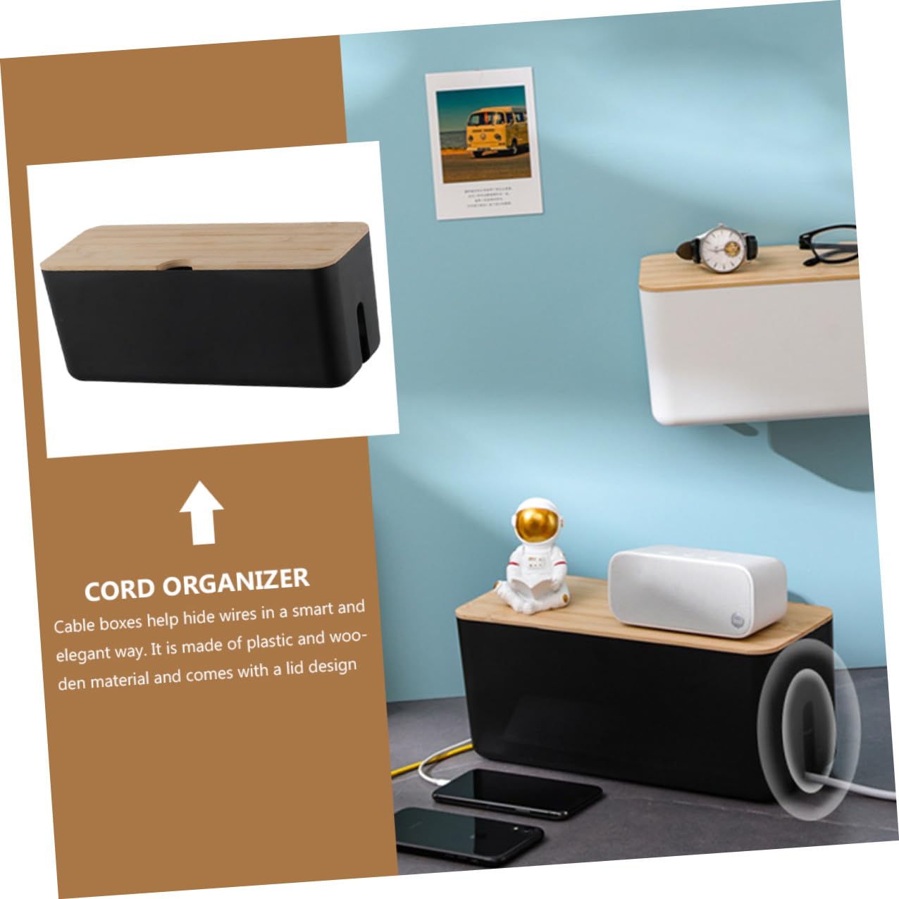 POPETPOP Kabelbox mit Bambusdeckel Kunststoff Kabel Organizer Aufbewahrungsbox Kabelhalter für Ladegerät Stromkabel Wandmontage Kabelmanagement Schwarz