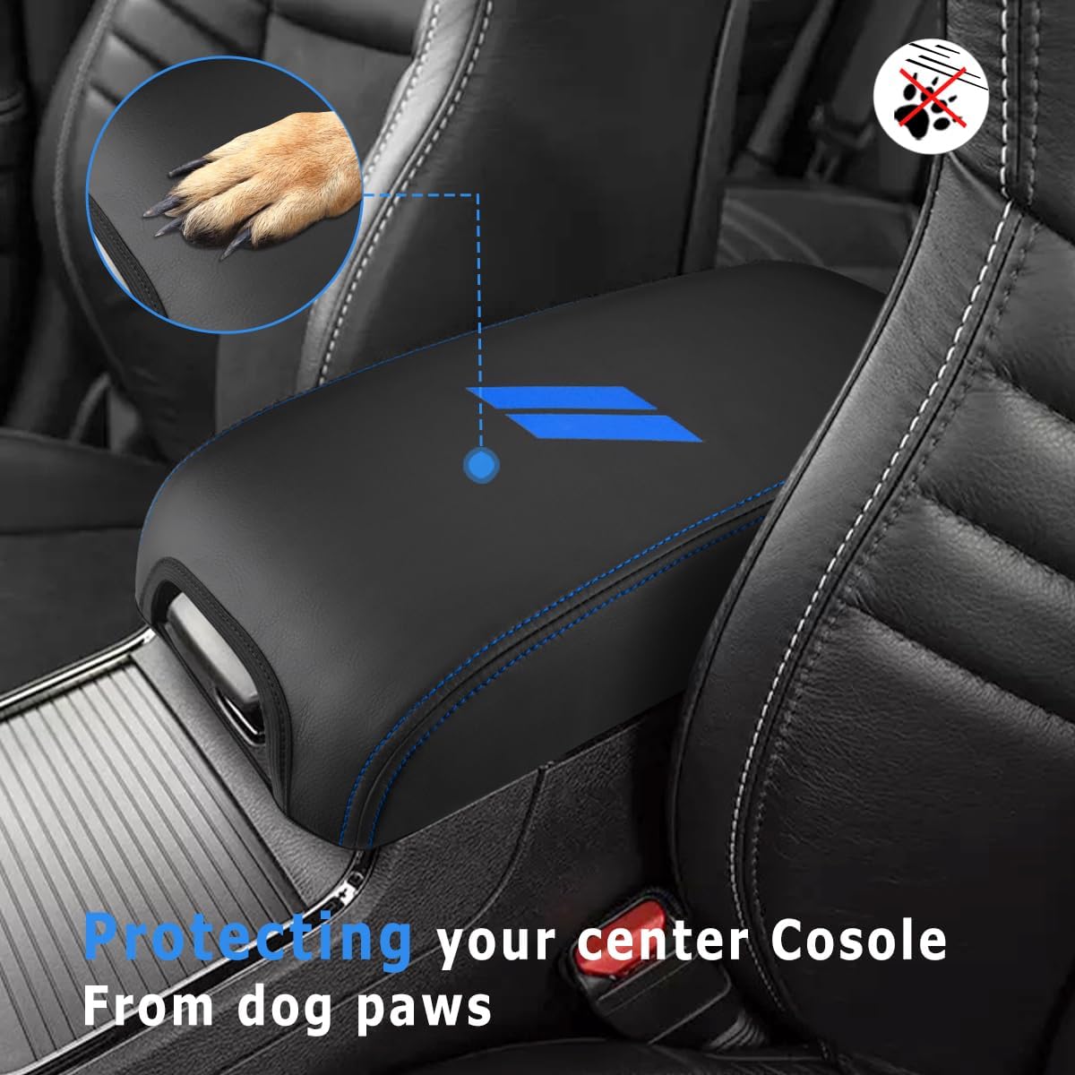 INTGET Car Center Console Cover for 2022 2021 Dodge Charger Accessories 2020 2019 2018 2017 2016 2015 Leather Armrest Cover Console Lid Protector Cushion Pad (Light Blue Stitches, Leather)