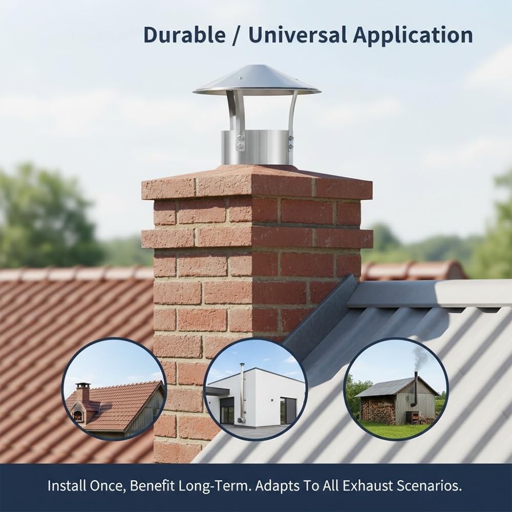 Chimney Cover Stainless Steel 304 Chimney Cap Rain Outside Exterior Stove Pipe Topper Adjustable Silver 75mm/3inch-315mm/12.4inch for Fireplace Flue Lid Roof Pipe(9.1in)