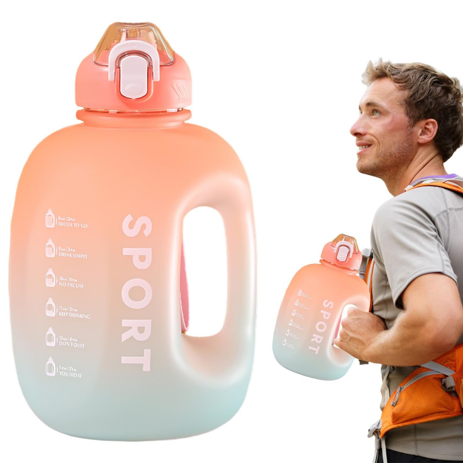 WOTEG Half Gallon Water Bottle With Straw - 2L Running Bottle with Silicone Straw - Gradient Color Big Water Bottle Sports Ton Barrel for Hiking School Travel Fitness and Sports