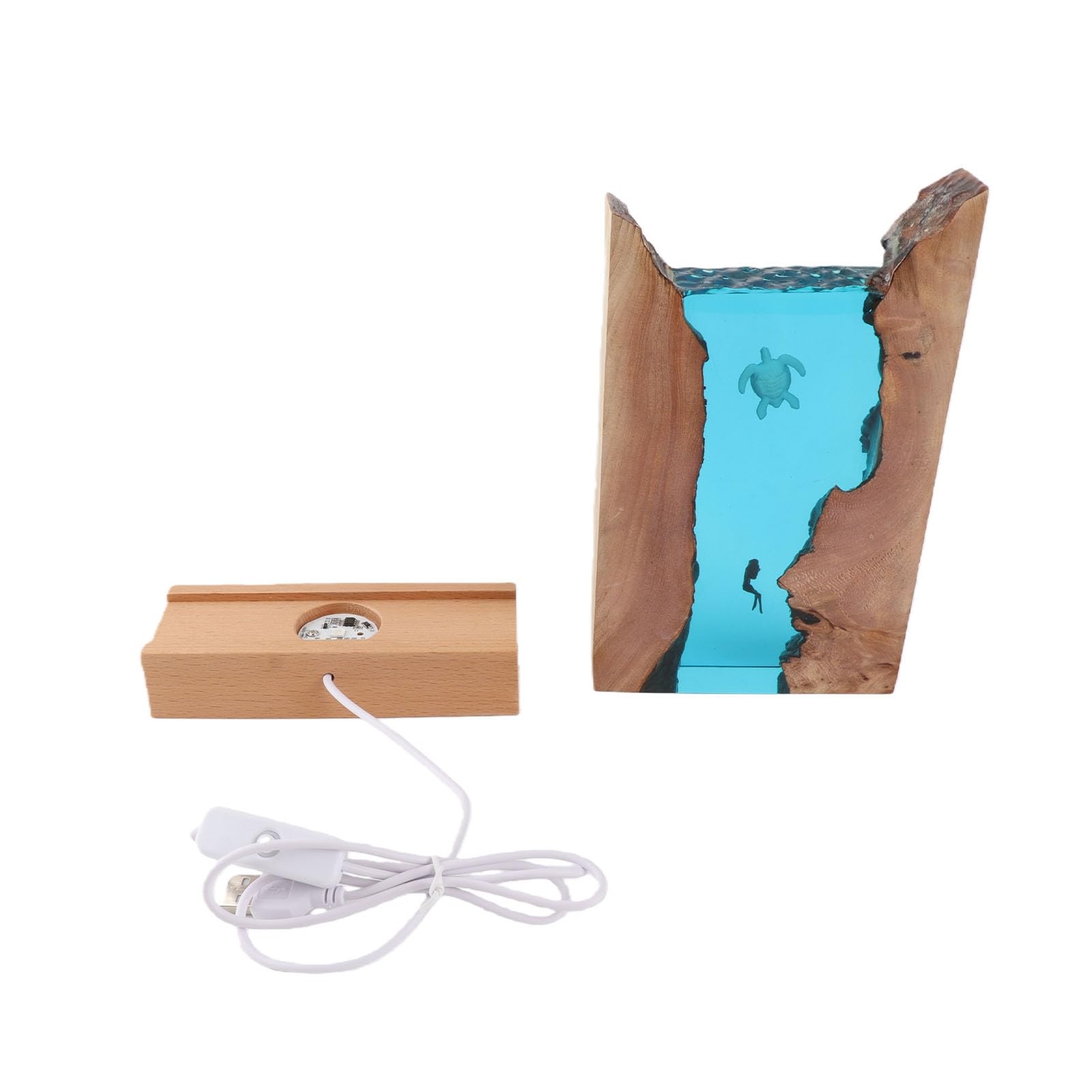 YWBL-WH Luce Notturna in Resina Lampada da Tavolo a LED Oceano Base in Legno Massello Alimentata Tramite USB 5V Design Traslucido a Grotta Bagliore a Risparmio Energetico per Scrivania da Camera da