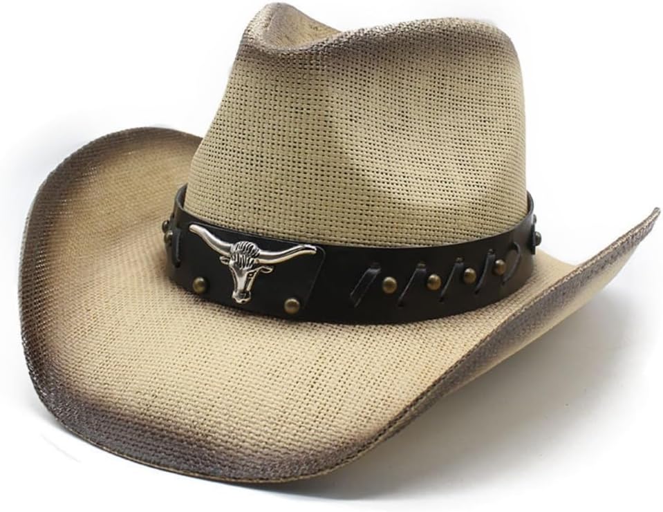 Western Cowboy Hat with Longhorn Bull Leather Band, Brown Straw, Wide Brim