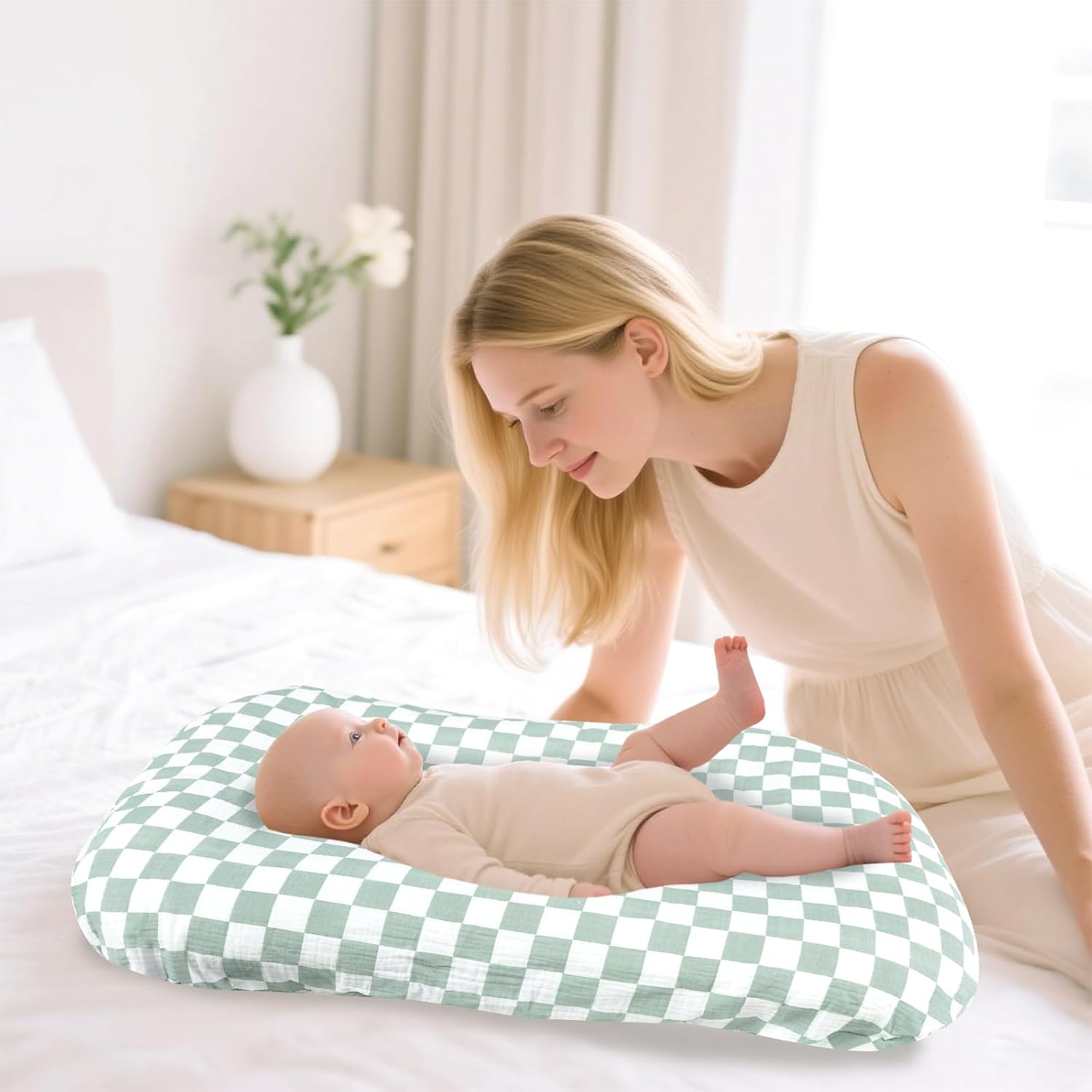 Hooyax Muslin Baby Lounger Cover 2 Pack - 100% Breathable Cotton Soft Infant Lounger Covers, Fits Most Standard Newborn Loungers & Pillows (Green Checker+Leaf)