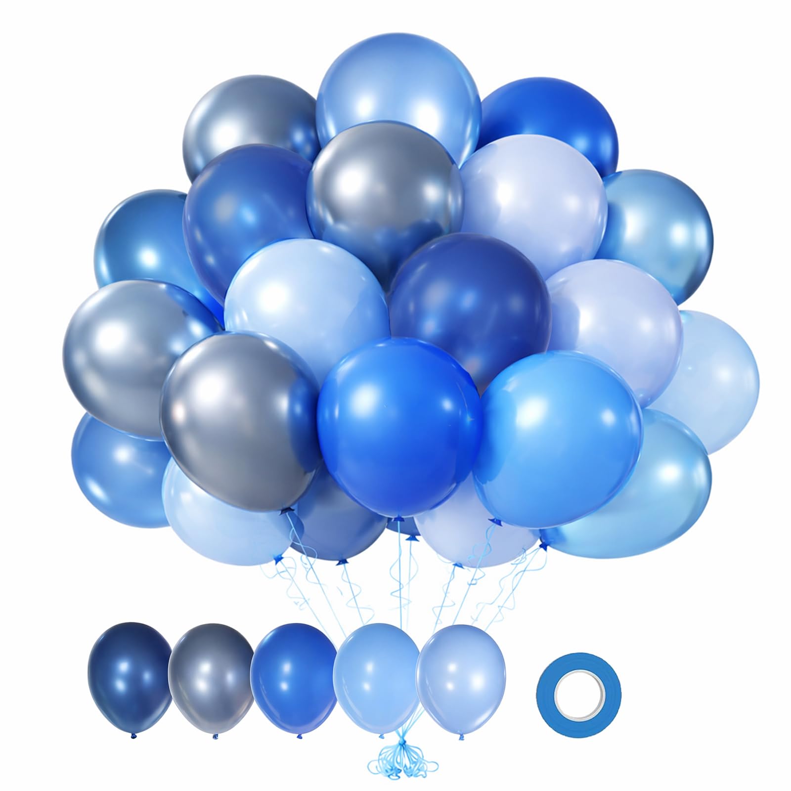 Blue Balloons 60 Pack, Metallic Latex Balloons 12 Inch with Ribbons for Birthday Party, Wedding & Graduation | Includes Pearl, Chrome, Light & Navy Balloon Variety (Blue, 12 Inch)