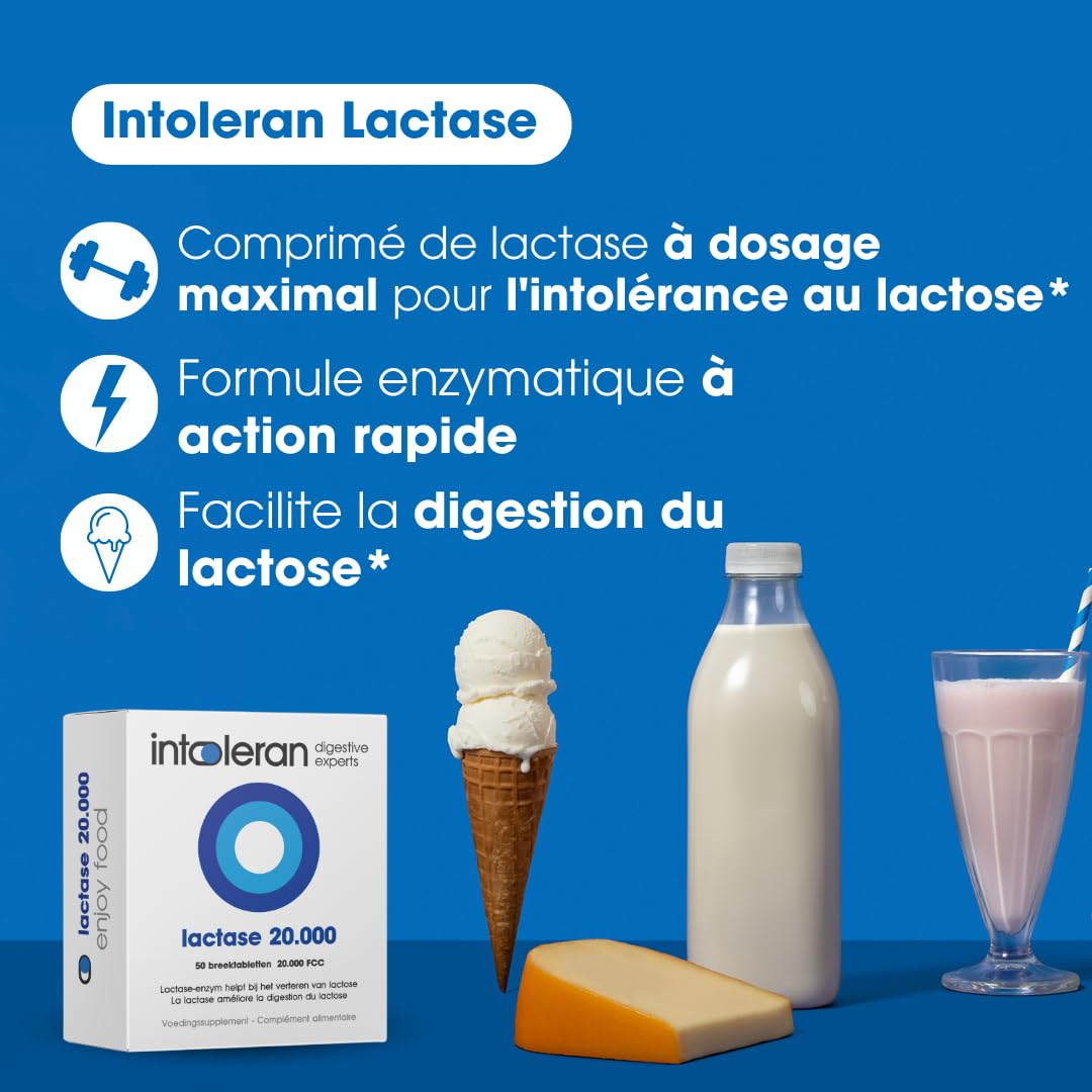 Lactase 20 000 enzymes digestives - 50 comprimés sécables avec | Complément alimentaire pour l'intolérance au lactose | Enzyme lactase qui aide à digérer les produits laitiers | Dosage le plus élevé