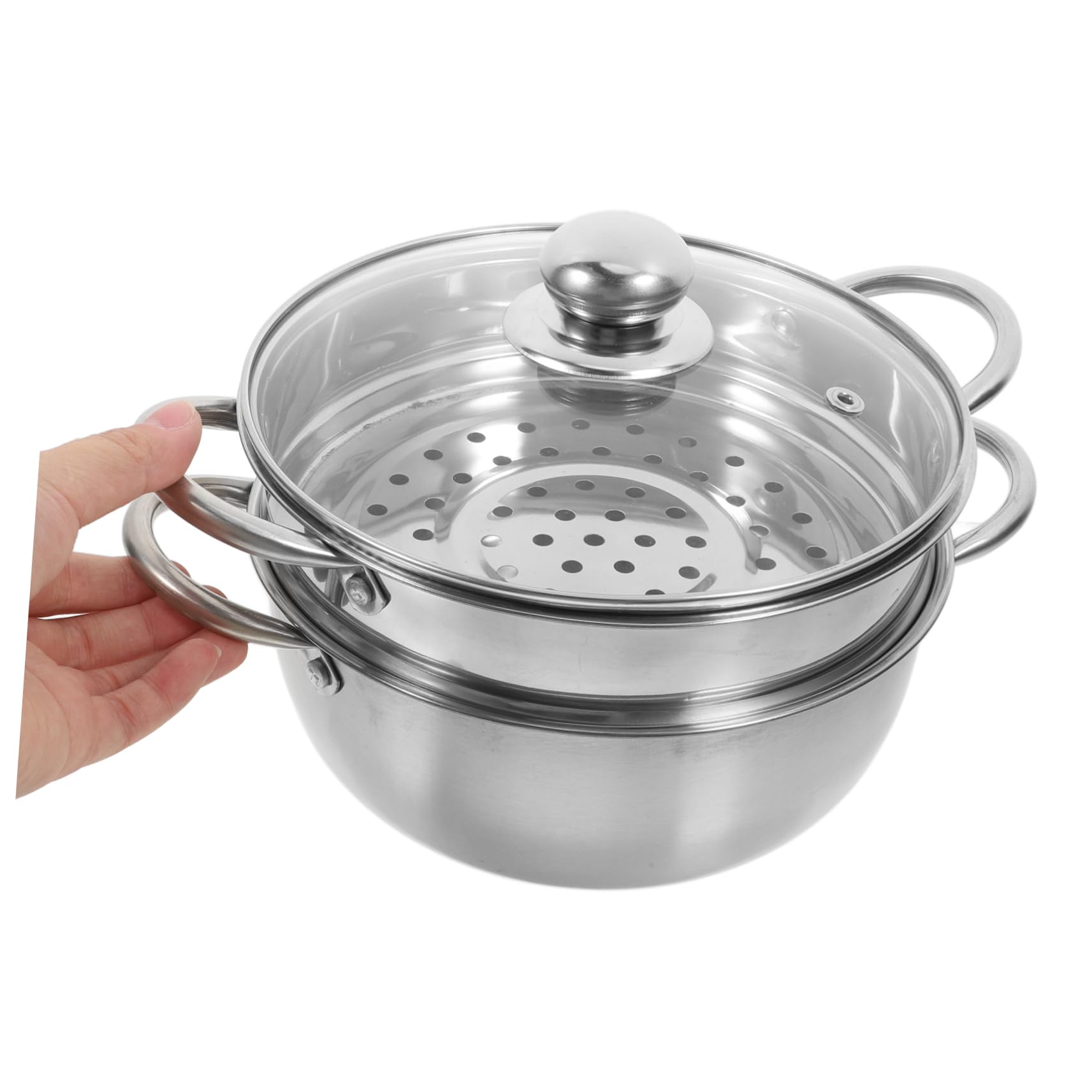 Vaporera Acero Inoxidable de 2 Niveles, Olla Vaporera para Verduras Tapa de Vidrio y Mango, Apta Cocina