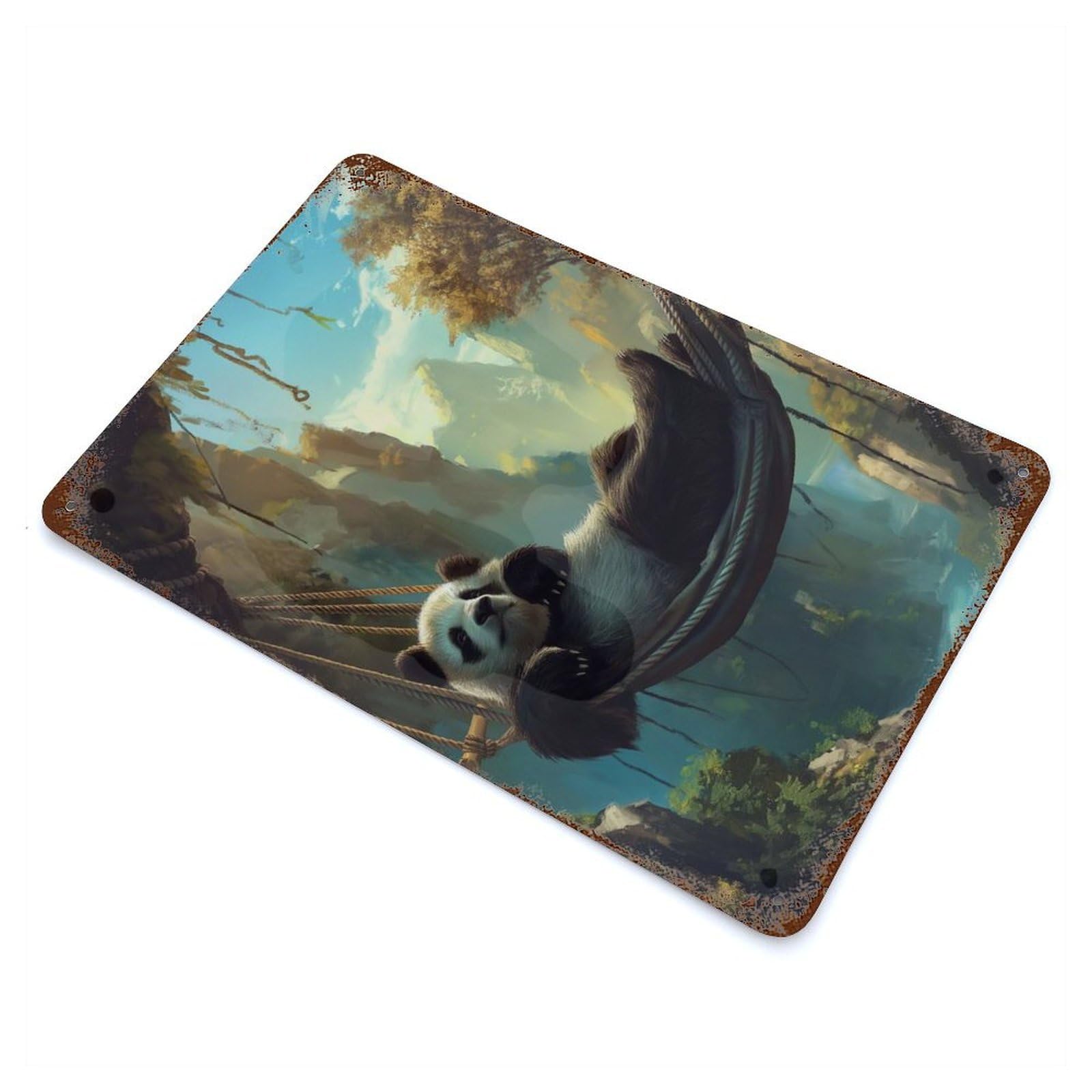 Rustic Tin Plaque Panda Mountain Landscape 11.8"x7.9", Rustic Home Decor for Office, Studio And Wall Decor