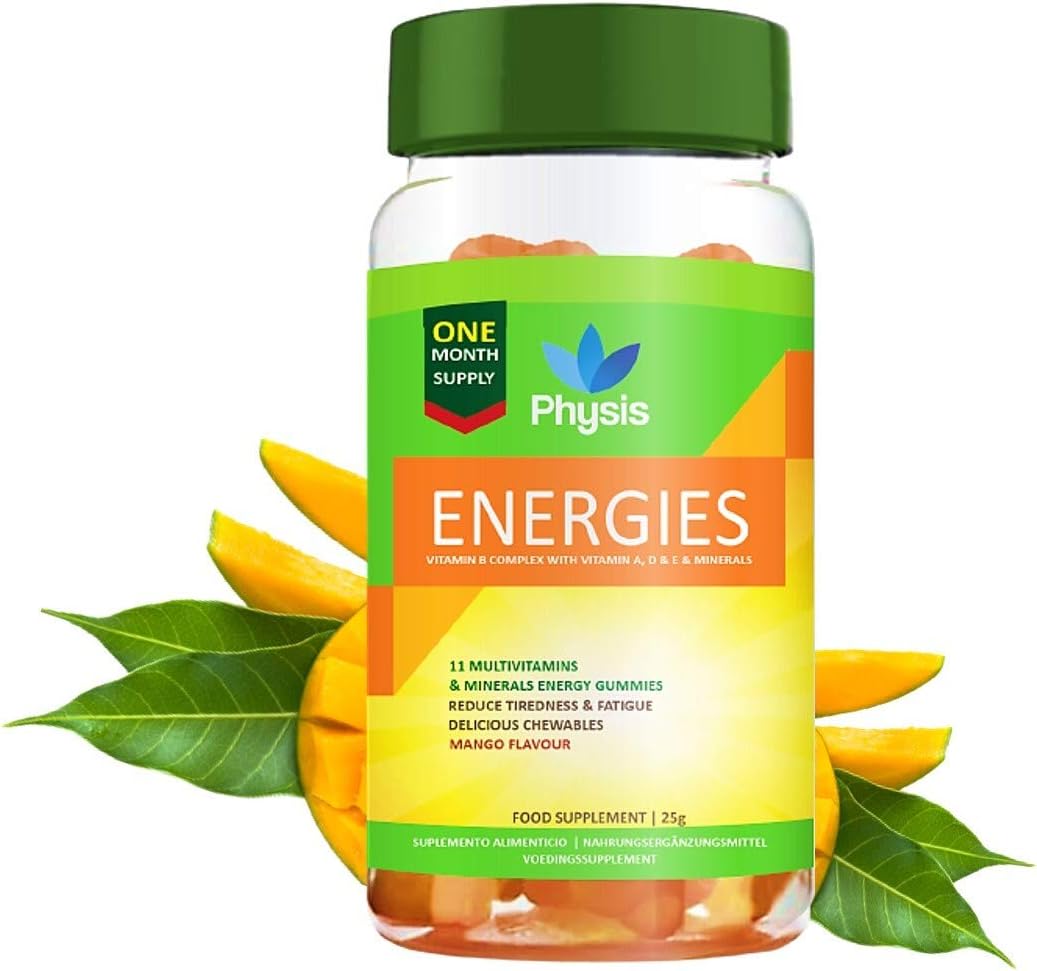 Physis Energy Gummies | 60 Gummies | Mango Flavour | Chewable Vitamin with Vitamins A, C, D, Biotin Zinc & More | Glucose & Multivitamins for Performance Boost | Max Strength, Energy & Health | Vegan