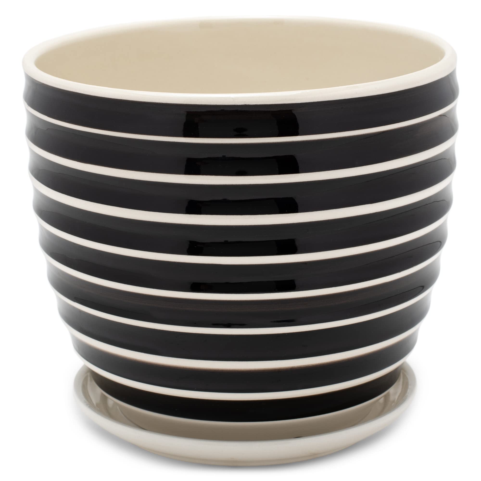 Napco Striped Ribbed Ceramic Pot for Indoor Plants Planter with Saucer, 6 x 5.5, Black and White