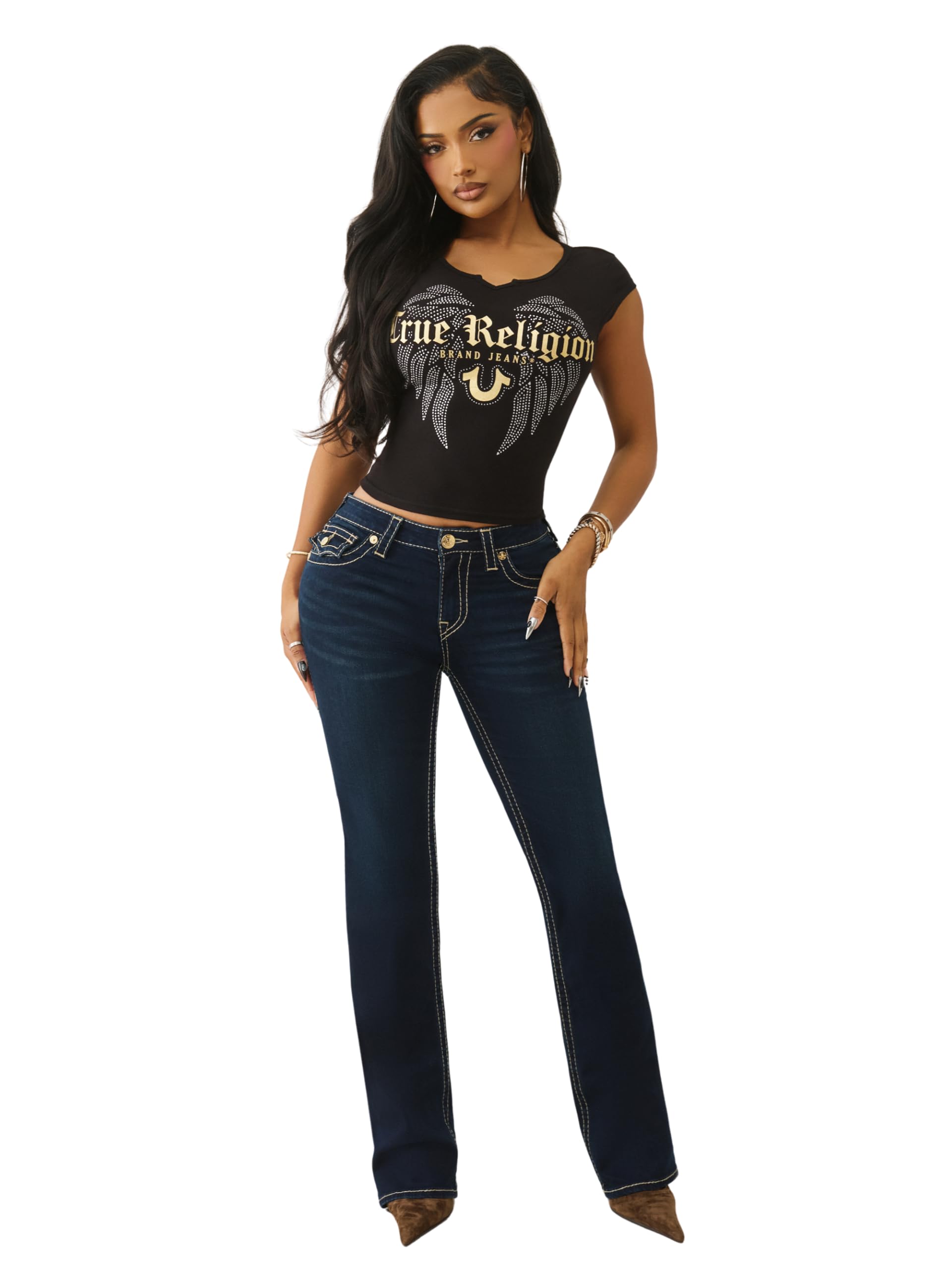 True Religion Damen Becca Big T Flap Bootcut Jeans