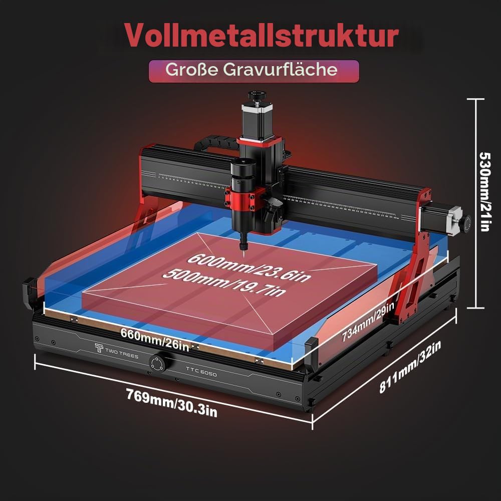 Twotrees TTC6050 500W CNC Fräsmaschine, mit Beleuchtung, Infrarot Sensor und Unterstützung für verschiedene Spindeltypen, 3-Achsen CNC Gravierfräsmaschine für Metall, Holz, Acryl, 600x500x100mm