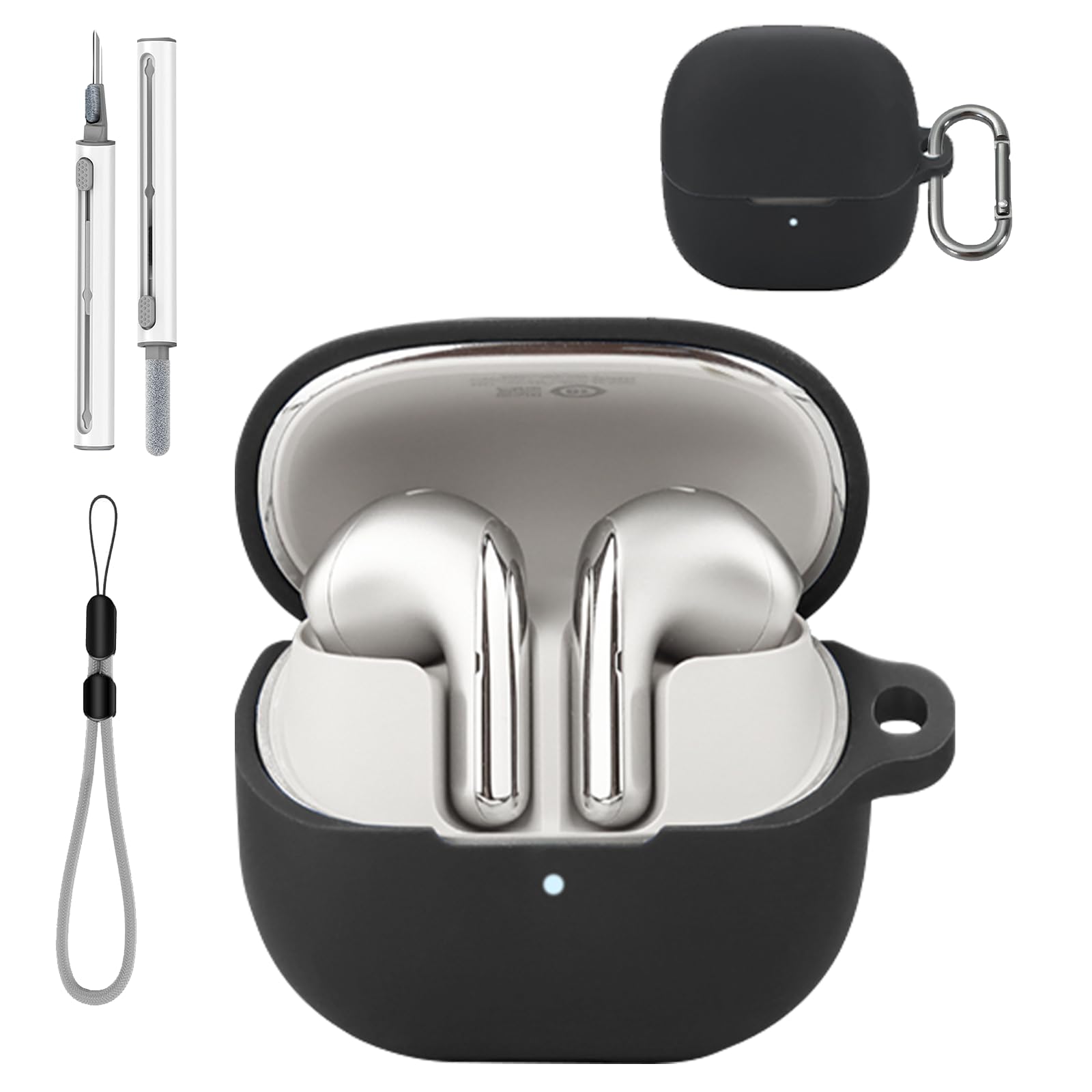 for Xiaomi Buds 5 Case Cover with Cleaner Kit, Soft Skin Silicone Case Cover with Keychain and Lanyard，Full Protective Case for Men and Women-Black