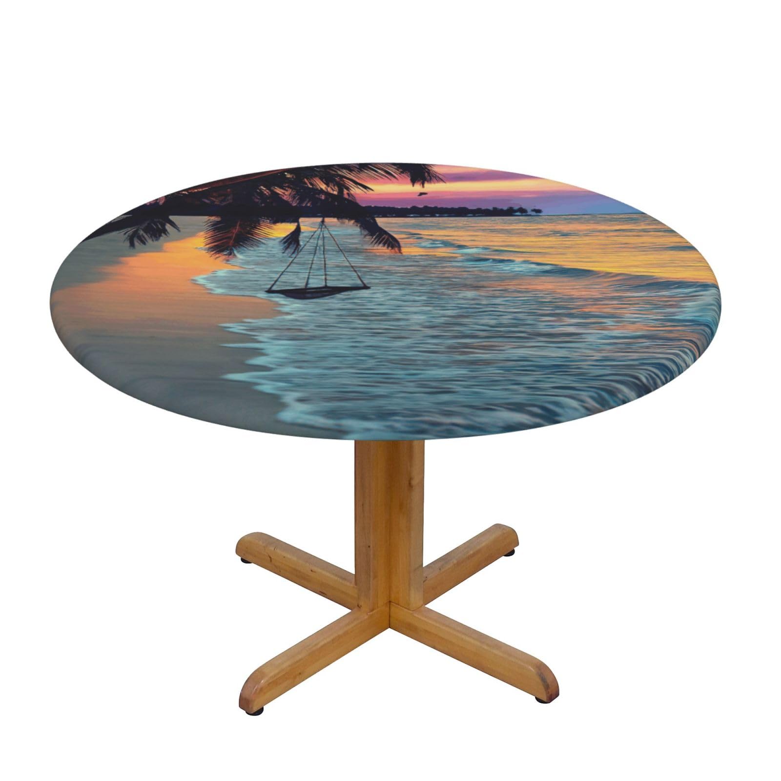 Coconut Beach Sunset Hammock Print Round Tablecloth Waterproof Table Cover Wipe Clean Washable Table Protector For Dining Room
