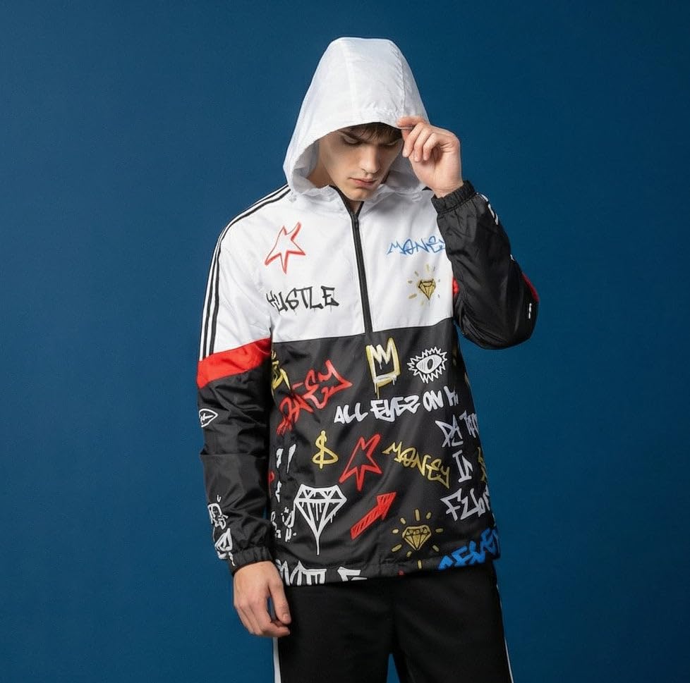 Image of SCREENSHOT Mens Streetwear Windbreaker Jacket - Lightweight Graphic Hoodie, Graffiti Hip Hop Urban Fashion Pullover Top