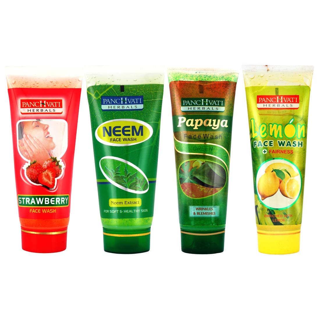 PANCHVATIHerbal face wash (Lemon 120 ml + Strawberry 120 ml + Neem 120 ml + Papaya 120 ml) Combo Kit, Adds Glow & Freshness, Helps Reduce Impurities & Brightens Skin