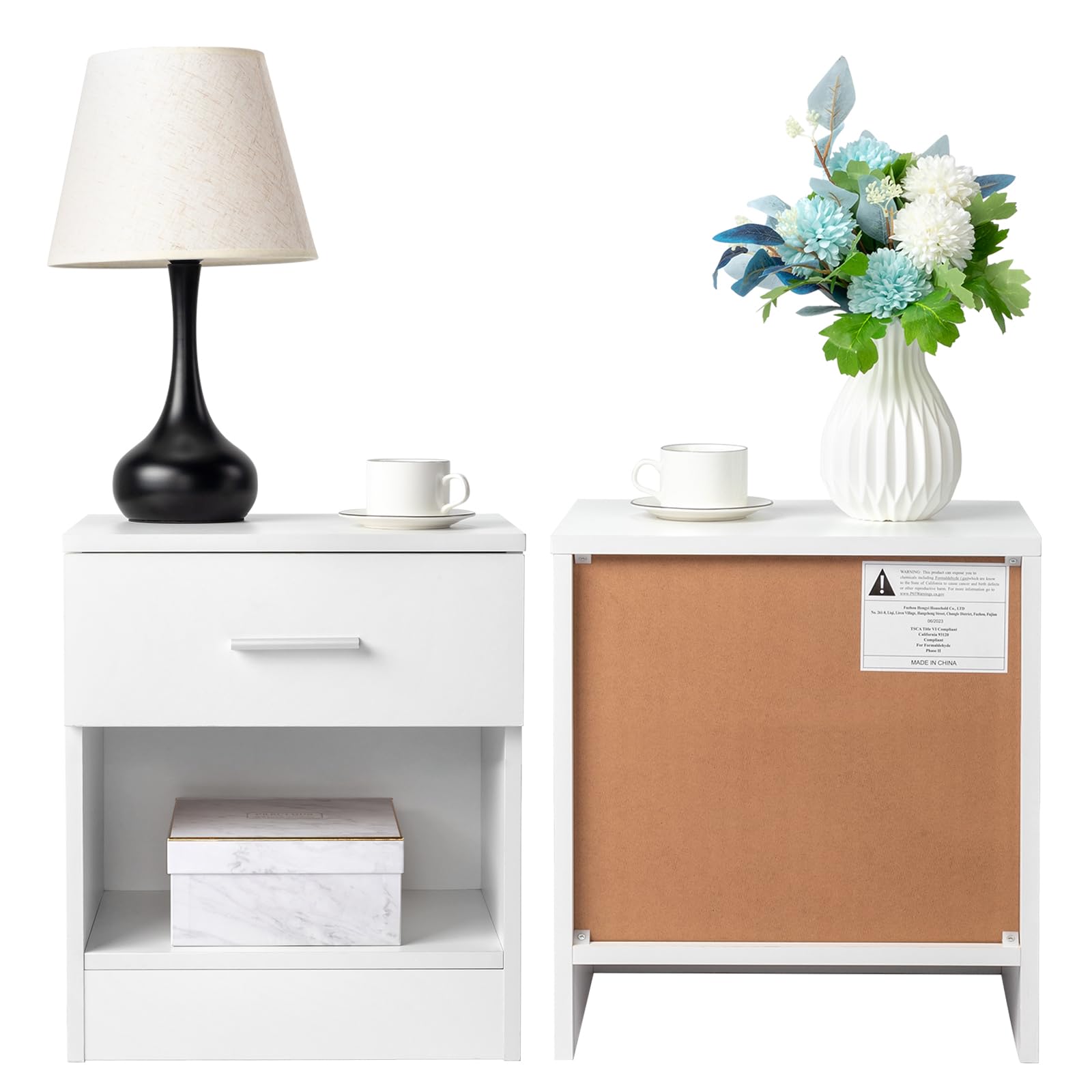 LEADZM Juego de 2 mesitas de noche con cajón para todas las camas | y dormitorios, mesa auxiliar, mueble de noche, cómoda de noche, color blanco 39 x 29 x 41 cm