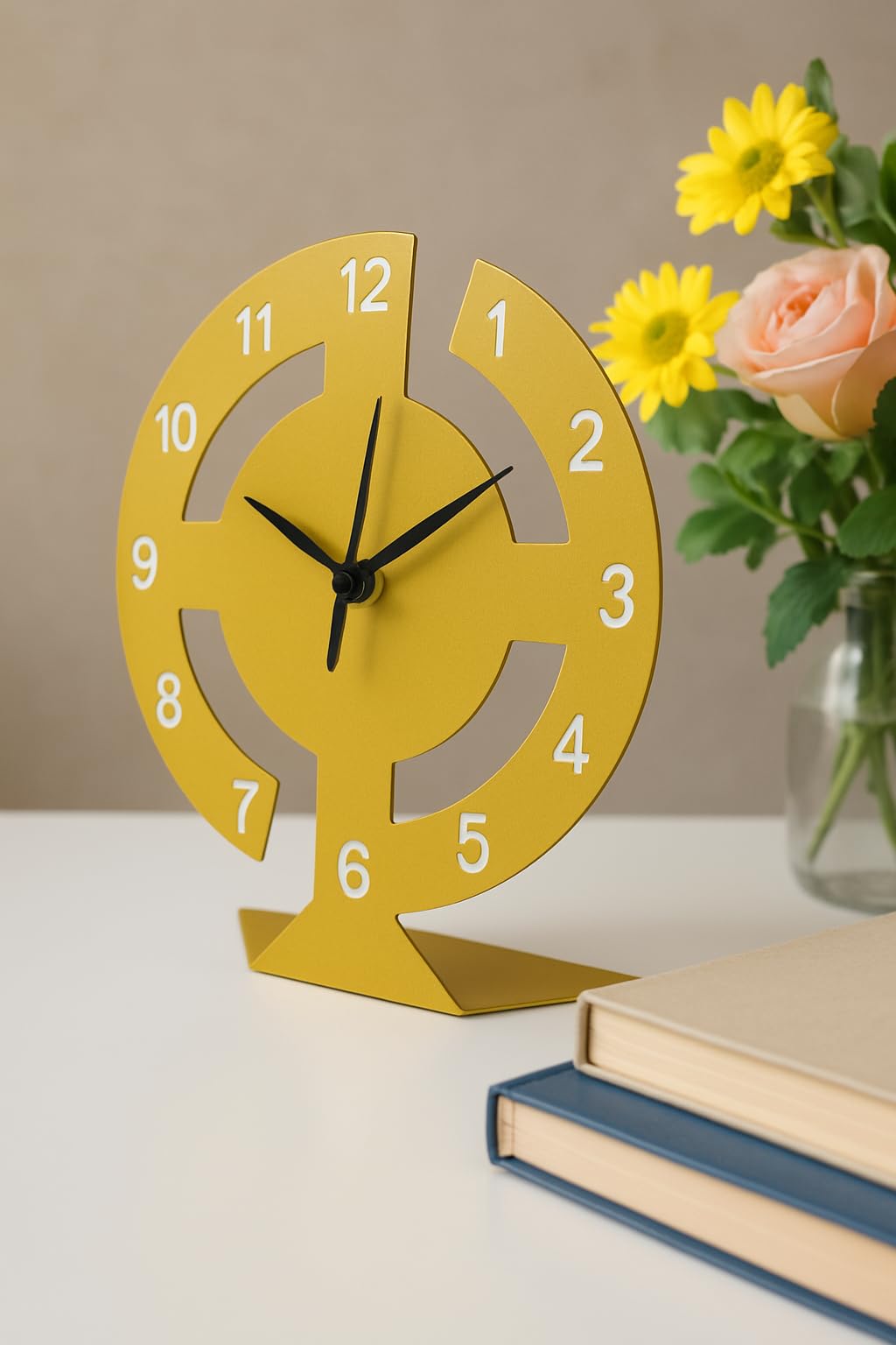 Ingo creation Designer Metal Table Clock with Sweep and Silent Movement Machine Unique Design for Office/Home/Table || Golden Color Matte Finish (20cm X 18cm) 3