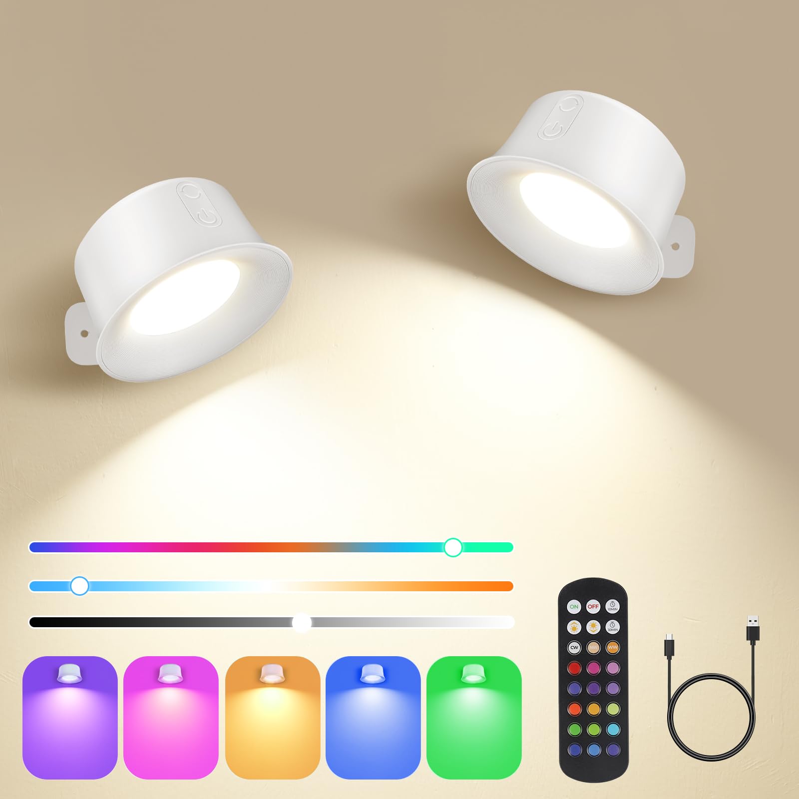 Euakee Lámpara de pared LED 2PCS, Luz de Pared de Interior con Batería de Carga USB, Lampara Pared con Control Táctil & Control Remoto, Aplique de Pared para Dormitorio Lectura (Blanco)