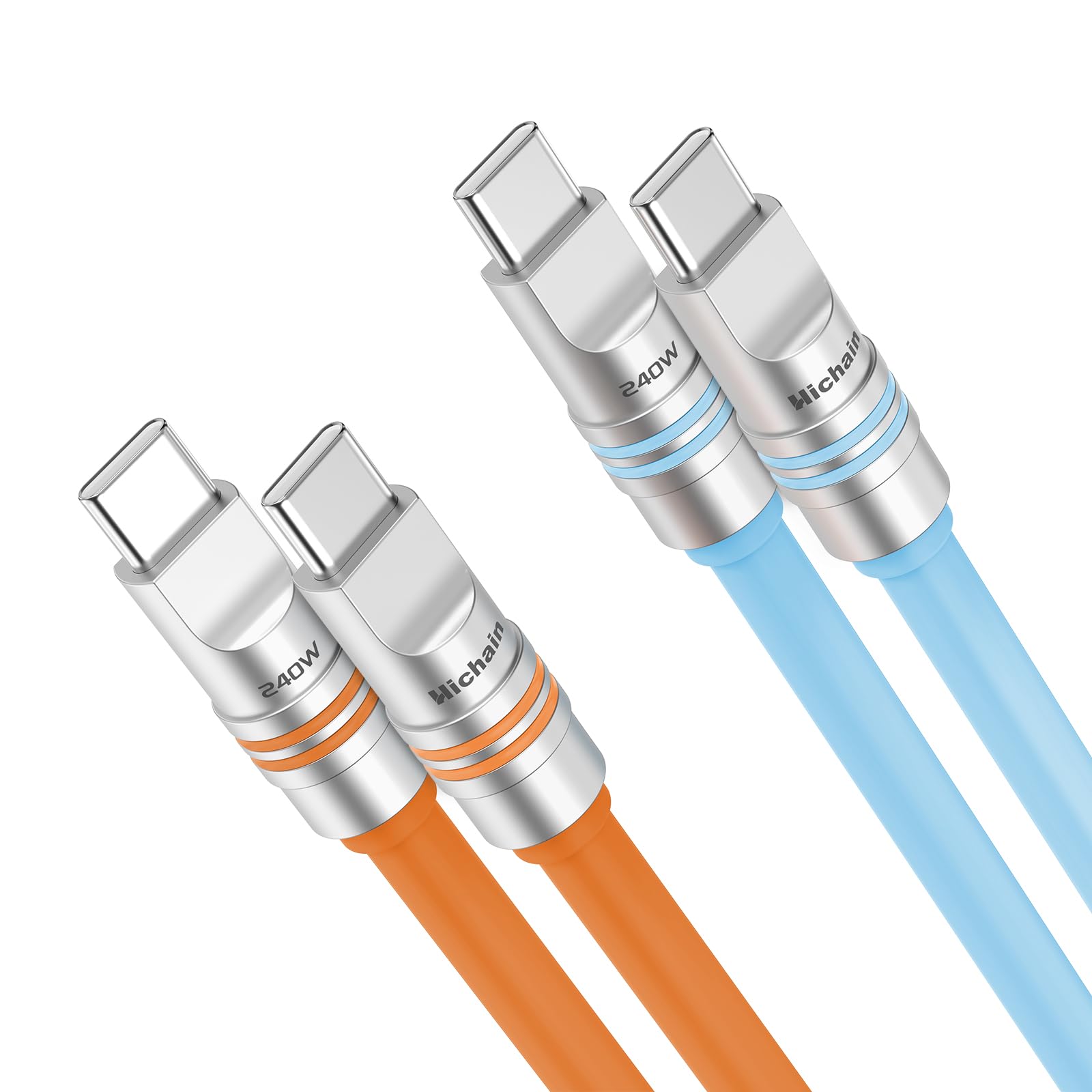Hichain Paquete de 2 cables USB C a USB C, azul y naranja, 240 W, 6.5 pies, cable de carga rápida USB C, de silicona, impermeable, tipo C, cable de carga de sincronización de datos para teléfono