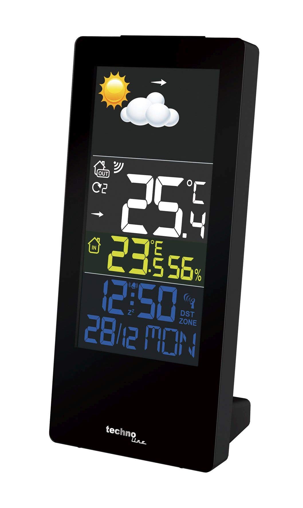 Technoline WS 6446 - Stazione Meteo Radio con sensore Esterno, termometro Digitale, per Interni ed Esterni, umidità con previsioni Meteo, Pressione atmosferica, visualizzazione a Colori, Sveglia