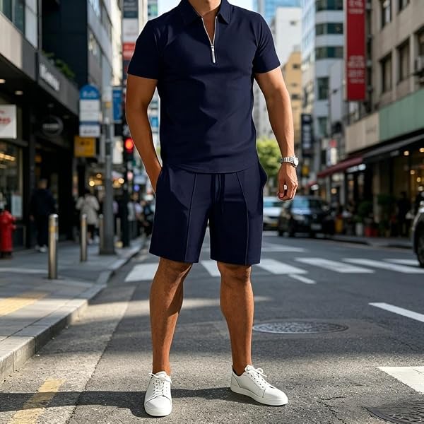 Tuta da uomo 2 pezzi con zip polo e pantaloncini set manica corta estate casual outfit - 5