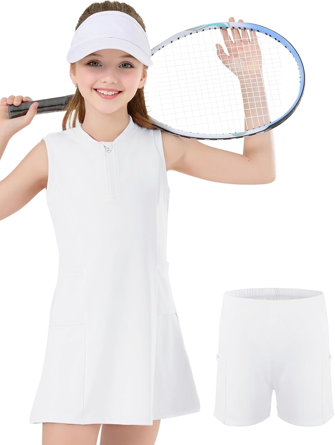 Girls Tennis Dress with Shorts Pockets Sleeveless Workout Athletic Dresses A-Line Kids Golf Outfit Quarter Zip