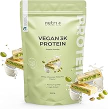 Nutri + Veganes Proteinpulver Weiße Schokolade Pistazie 1 kg - 76% Eiweiß - 3k Eiweißpulver - Protein Pulver Vegan 1000 g - White Chocolate