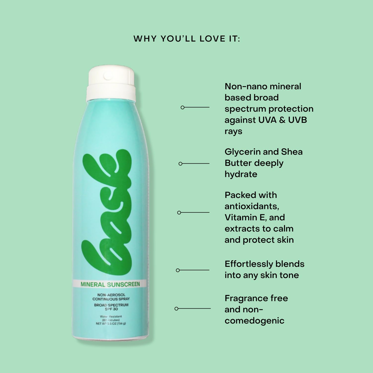 Bask SPF 30 Mineral Sunscreen Spray, Fragrance-Free, 5.5 oz