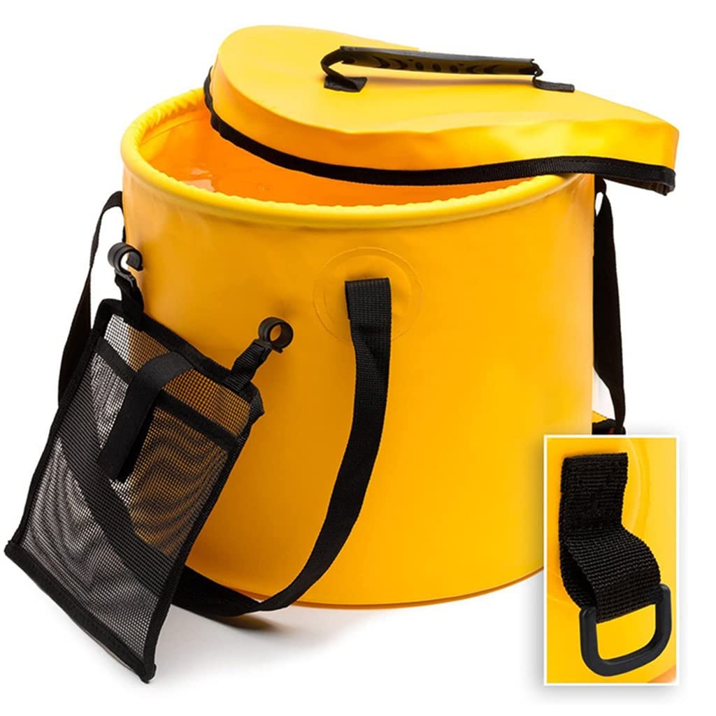 DUNAKE Cubo Plegable para Camping, Cubo De Agua Plegable Multiuso, Cubo De Pesca Plegable, Cubo Plegable Playa con Tapa, Bolsillo De Malla, para Jardinería, Viajes (Color : Yellow, Size : 28L)