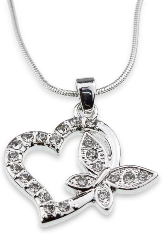 Crystal Heart Butterfly Pendant Silver Love Necklace Anniversary Mother's Day Christmas Jewelry Gift for Daughter Girlfriend Mom Wife Girl Woman