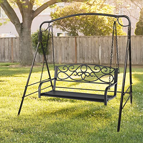 Giantex Metal Porch Swings 2 Person Outdoor Hanging Garden Bench With Sturdy Chains, Wide Seat & Curved Armrests, 485 Lbs Weight Capacity Swing Loveseat For Deck, Backyard Patio Swing Chair (Black) #TOP1