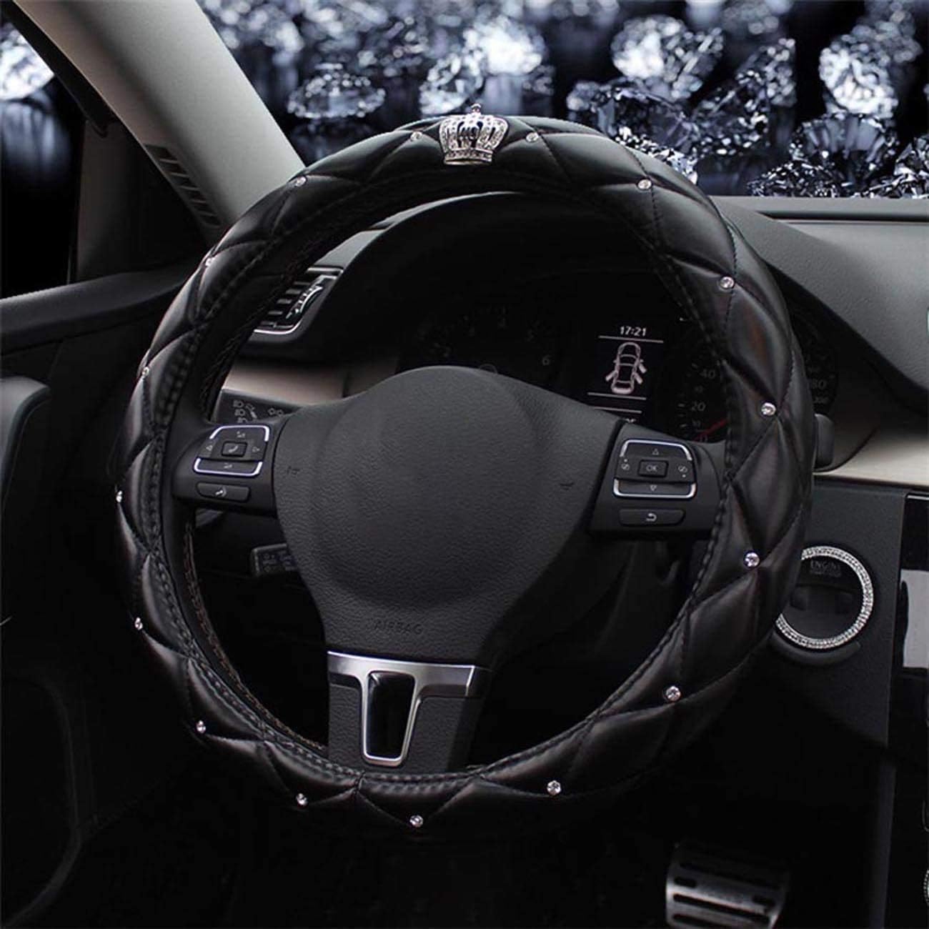eing Pu Leather Steering Wheel Cover,Bling Crystal Crown Steering Wheel Cover Universal Fit 15" Car Wheel Protector for Women Girls