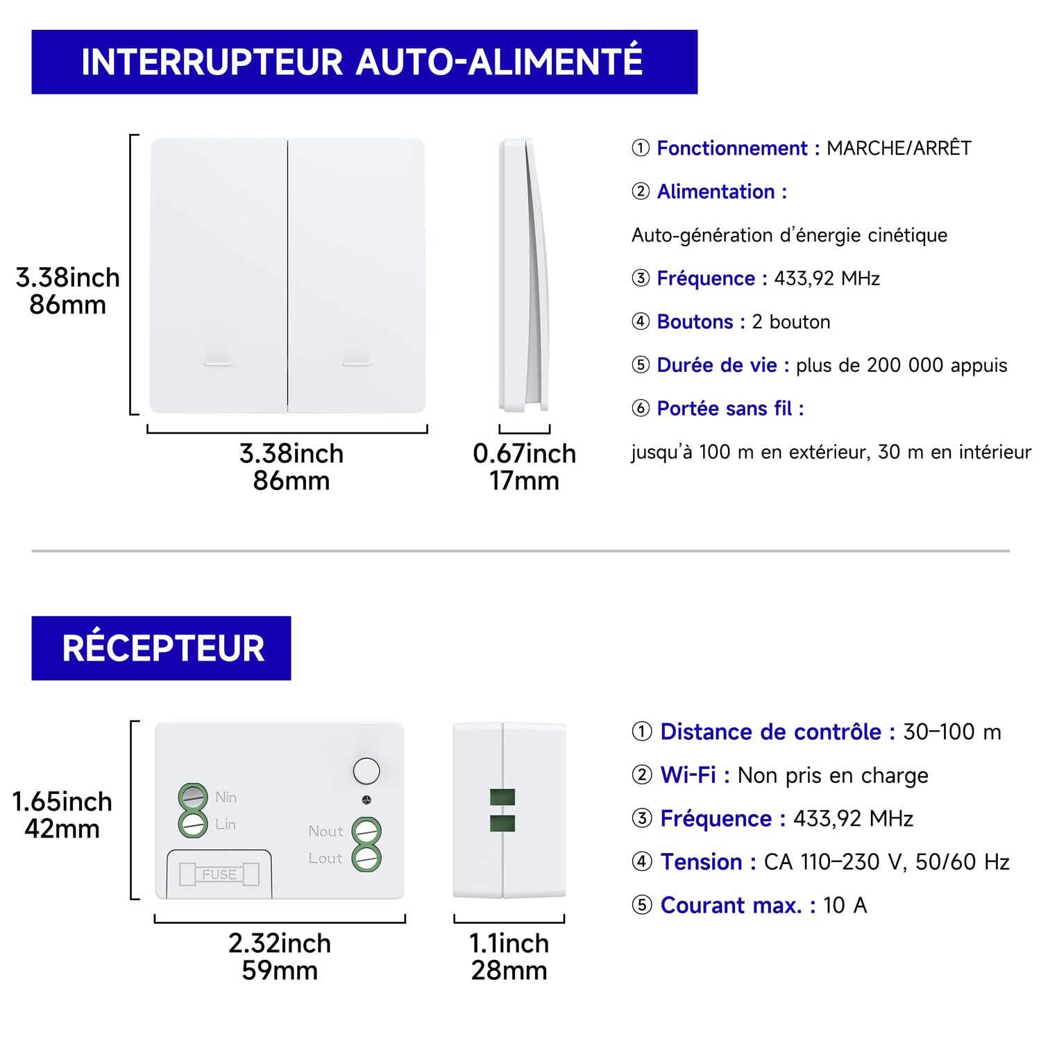 Kit d'interrupteur sans fil cinétique sans piles interrupteur auto-alimenté interrupteurs sans fil quinétique sans pile télécommande radio interrupteur d'éclairage sans fil RF (EU 2Gang 2V2 White)