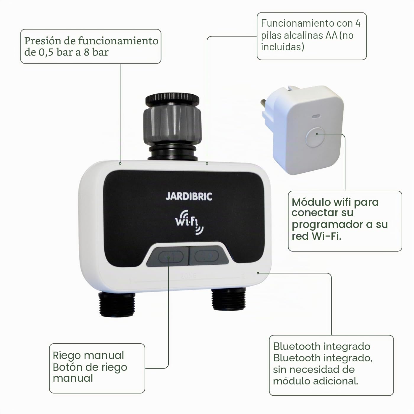 Jardibric - Programador wifi de riego con aplicación "Tuya Smart", control remoto y voz (Google/Alexa), IP54, caudal 2100 L/h, presión 0,5 a 8 bares, 2 vías, función manual y lluvia dela