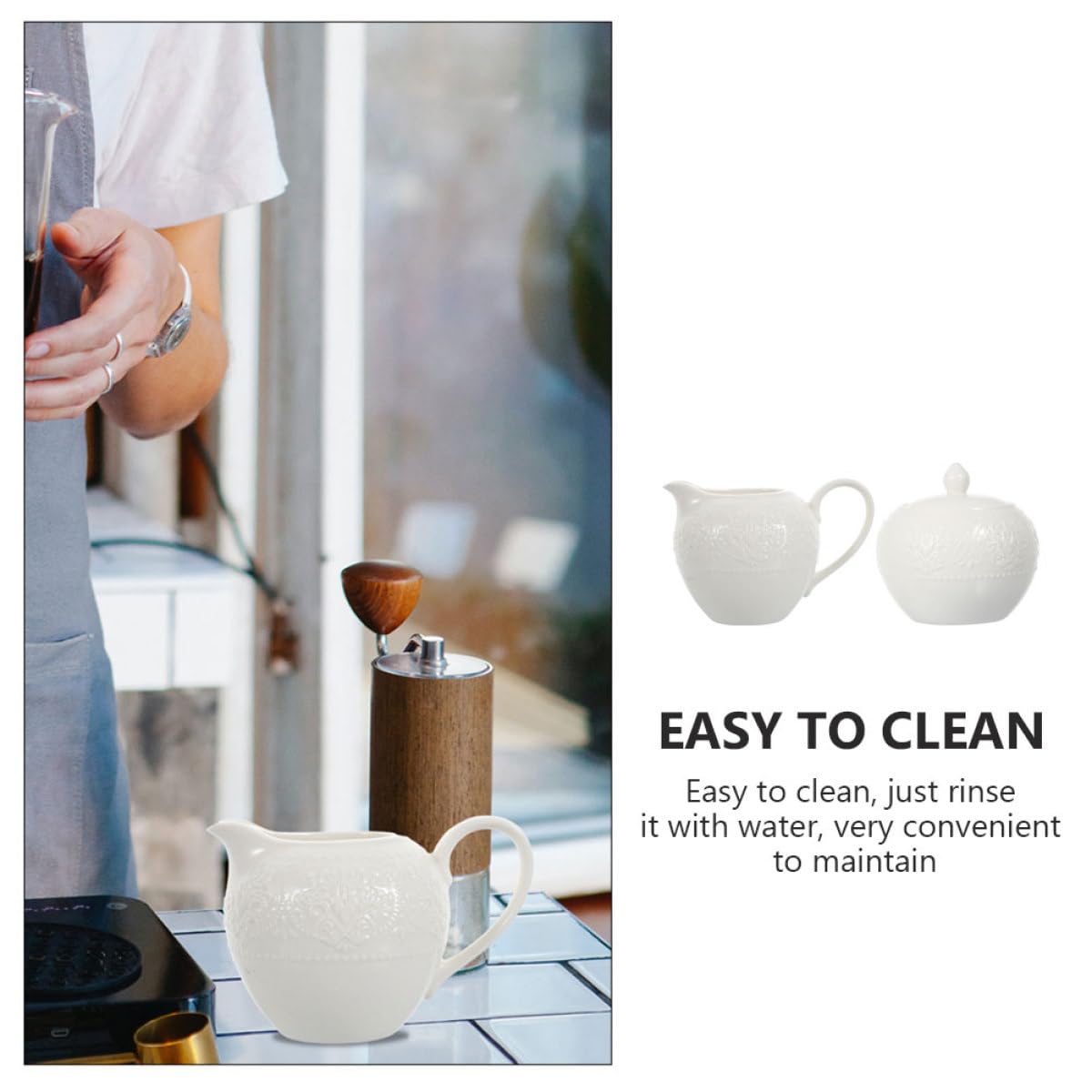 SHINEOFI Juego de Azucarero Tapa y Jarra de Leche de Cerámica 2 Piezas | Color Blanco, Diseño Simple y Práctico, Fácil de Limpiar, Estilo Elegante para Mesa y Servicio