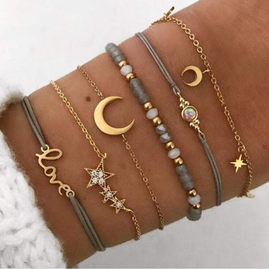 Handcess Boho Layered Crystal Star Bracelet Sets Gold Moon Hand Accessories Weave Bracelets Beads Hand Chain for Women and Girls(Pack of 6)