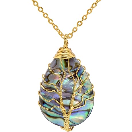 Golden Wire Abalone Shell Tree of Life Pendant Necklace