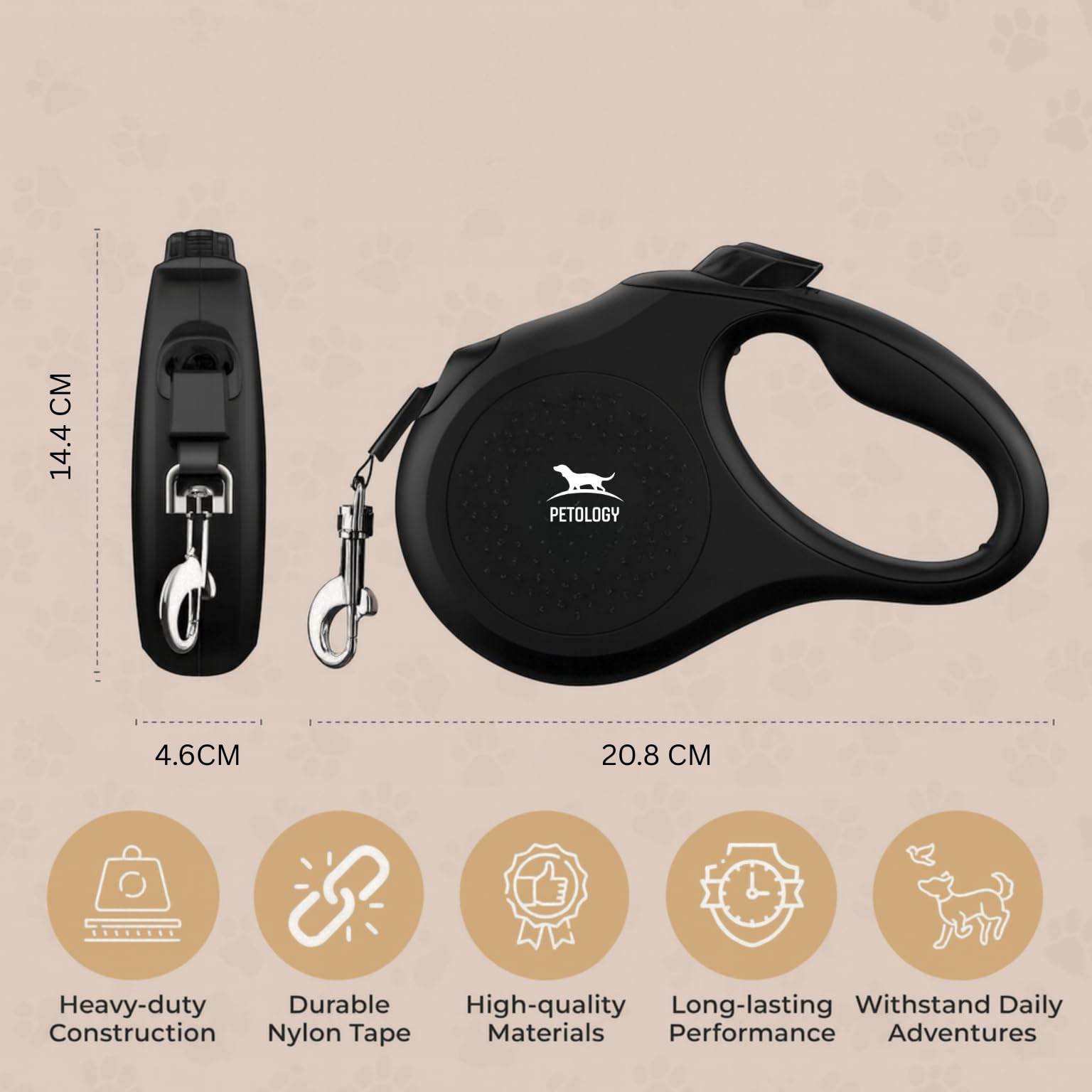 Petology Retractable Dog Leash | 5 Meter (16ft) Nylon Tape | for Dogs Upto 50kgs | Heavy Duty Rope, 360° Tangle-Free, One-Hand Brake & Lock System, Anti-Slip Comfortable Grip 2