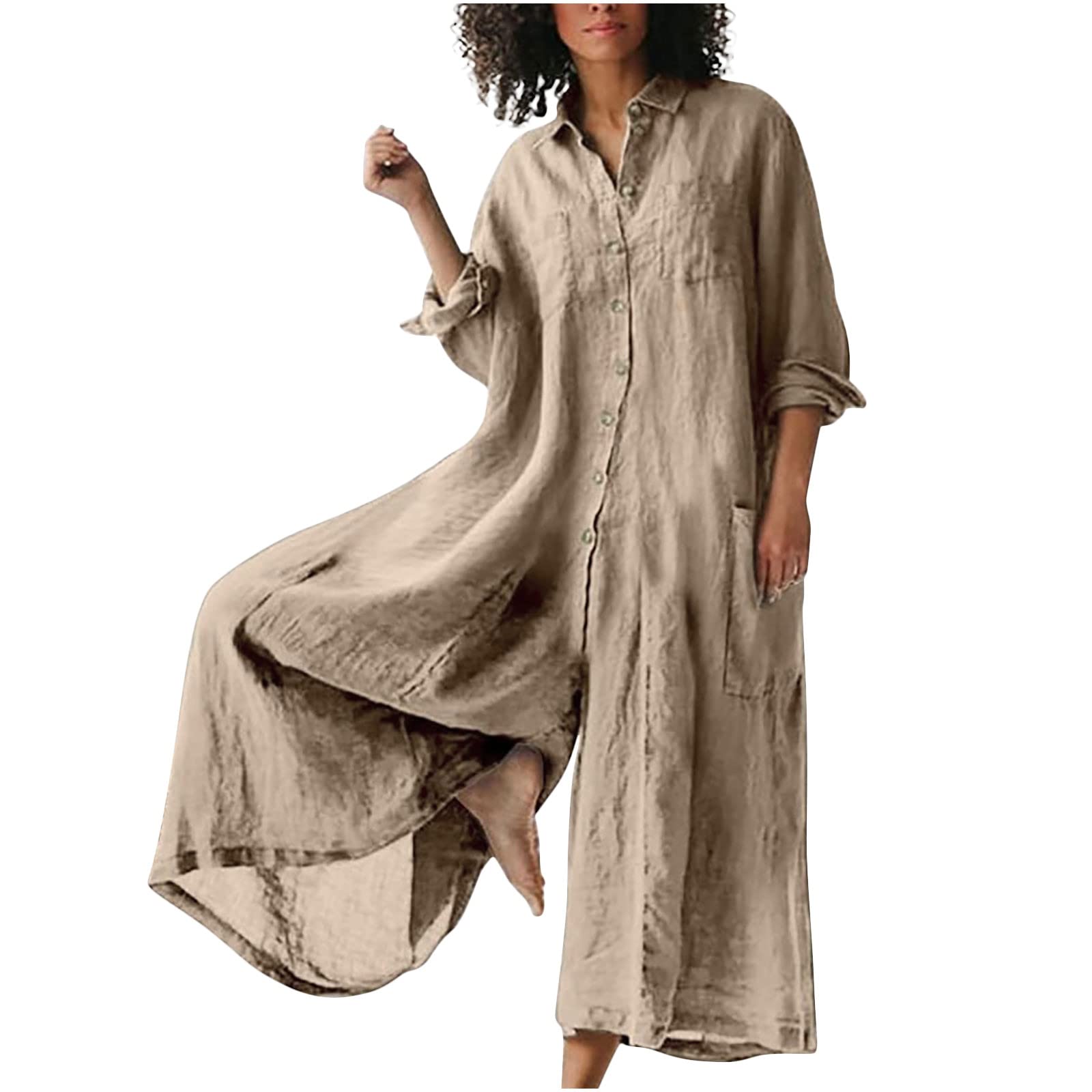 NUSGEAR 2023 Mono Mujer Manga Corta Lino de algodón Bodycon Verano Primavera Holgado Playsuit Camisa Elegante Mono Talla Grande Casual Cómodo Jumpsuits Petos Pantalones Playa Vacaciones