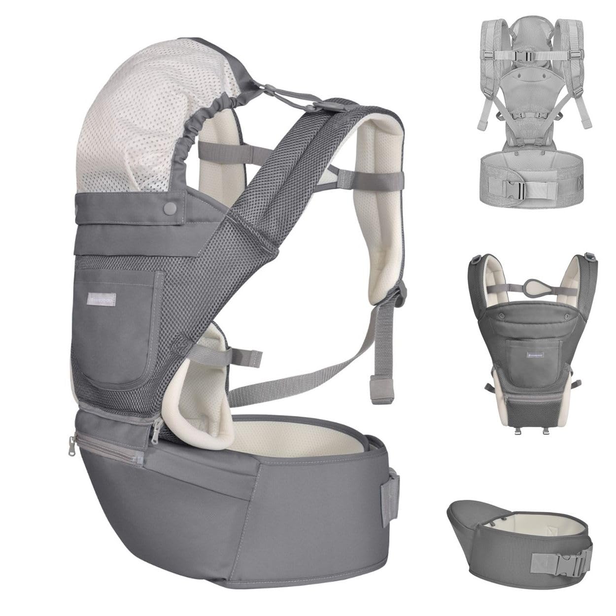 Kikkaboo Chloe - Portabebés 3 en 1 para el vientre y la espalda, asiento de cadera, a partir de 5 meses, color: gris y blanco